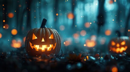 Fototapeta premium A collection of glowing jack-o'-lanterns with various facial expressions, set in a dark forest. The pumpkins and jack-o'-lanterns create a haunting Halloween scene.