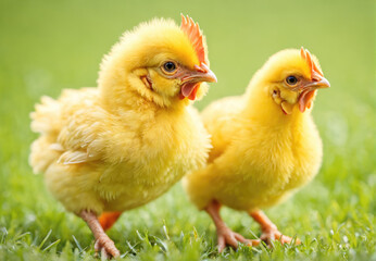 Two Playful Yellow Chicks Exploring a Lush Green Field on a Sunny Day