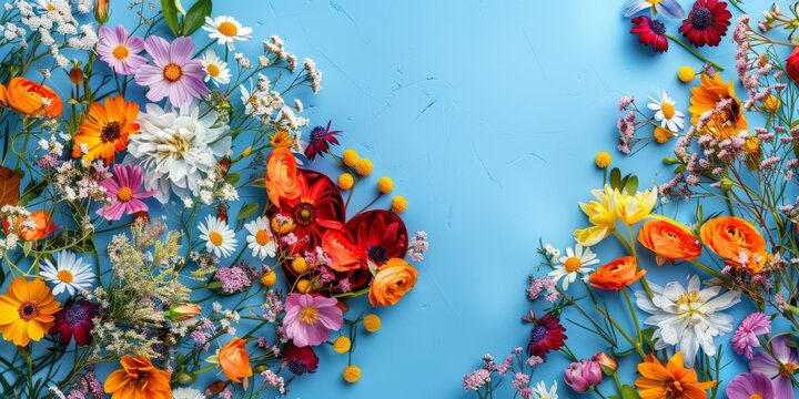 Top view arrangement of colorful flowers with heart shape placed on blue background