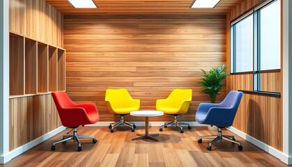 Wooden office corner with colorful chairs isolated with white highlights, png