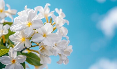 Obraz premium White flowers close-up against blue background sky