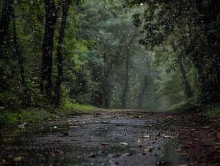 Obraz premium A Serene Forest Path with Gentle Rain Falling Creating a Peaceful and Atmospheric Ambiance