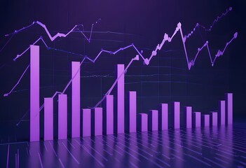 Fototapeta premium Colorful bar graph with an upward trending arrow on a dark blue background, Stock market representing growth or progress