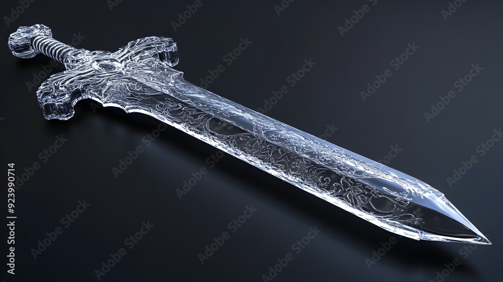 Aufkleber transparent glass sword with intricate etchings reflecting light in 3d render