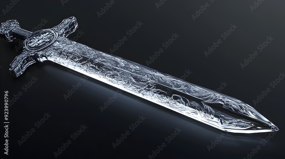 Aufkleber transparent glass sword with intricate etchings reflecting light in 3d render