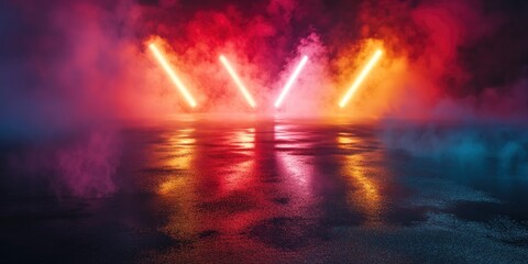 Rays searchlight light neon . Dark empty scene with smoke. Reflections on wet asphalt , ai