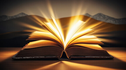 A worn book lay open on a wooden table,