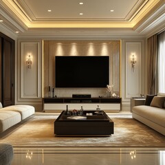 Fototapeta premium Elegant Living Room Ambiance with a Large Screen Television, Showcasing Modern Home Entertainment and Contemporary Design.