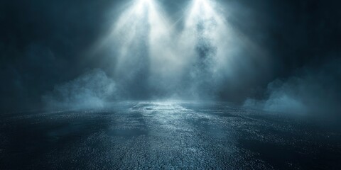 Fototapeta premium Rays searchlight light neon . Dark empty scene with smoke. Reflections on wet asphalt , ai
