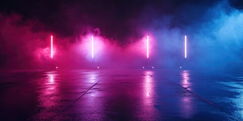 Rays searchlight light neon . Dark empty scene with smoke. Reflections on wet asphalt , ai
