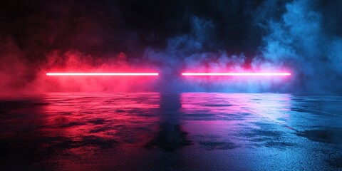 Rays searchlight light neon . Dark empty scene with smoke. Reflections on wet asphalt , ai