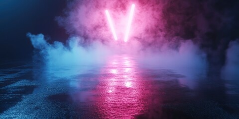Rays searchlight light neon . Dark empty scene with smoke. Reflections on wet asphalt , ai