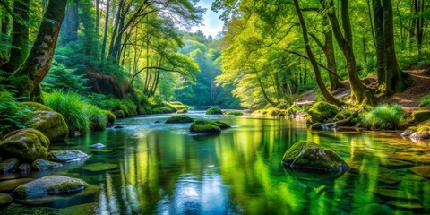 Obraz premium Serene Forest River with Sun Dappled Reflections, Lush Green Canopy, Tranquil Water , Forest River, Nature, Reflections, Tranquility