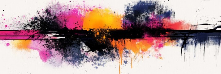 Fototapeta premium This captivating abstract artwork showcases vibrant and lively splashes of pink, orange, and blue set against a clean white background, making it an ideal choice for contemporary modern decor styles