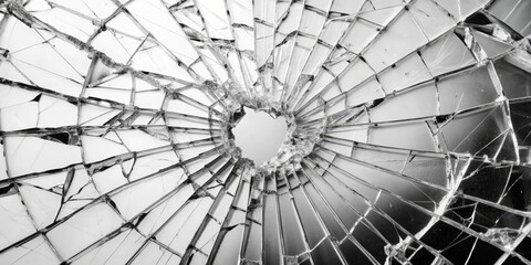 Obraz premium Shattered Glass Windowpane, Black and White, Close-up, Abstract, Broken, Fracture, Glass