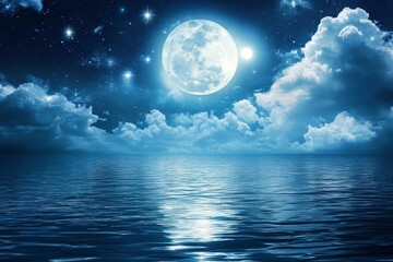 Romantic Moon With Clouds And Starry Sky Over Sparkling Blue Water , ai