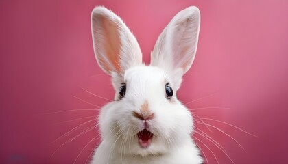 Obraz premium Portrait of a white cute rabbit with surprised expression on a pink background,surprised looking rabbit .