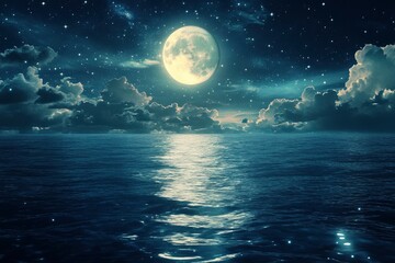Fototapeta premium Romantic Moon With Clouds And Starry Sky Over Sparkling Blue Water, ai