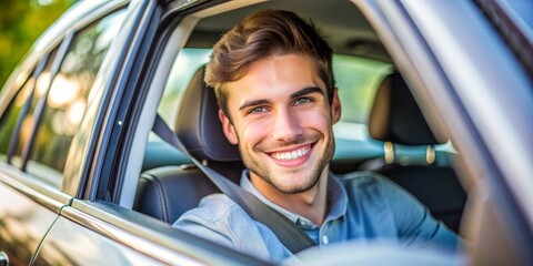Obraz premium Smiling Man in a Car, Portrait , Transportation , Driver , Happy