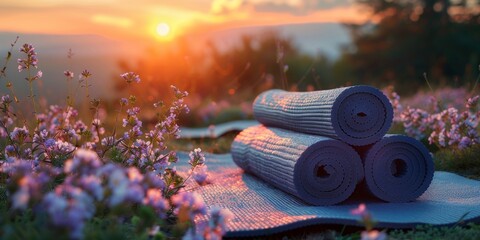 Yoga mats at sunrise for National Yoga Day, August 13th, serene setting, peaceful atmosphere, wellness focus