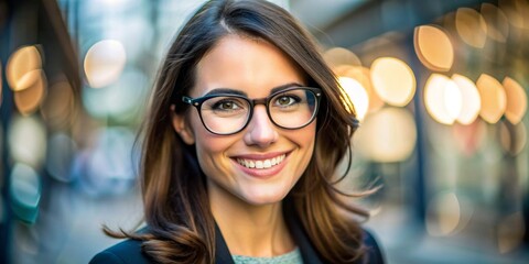 Smiling Woman in Glasses with Bokeh Background, portrait , bokeh , glasses , city