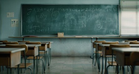Empty Classroom With Chalkboard and Desks in a School Setting
