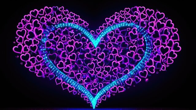 A colorful neon heart outline, illuminated in pink and blue, surrounded by floating heart particles, symbolizing love and passion with a modern, vibrant twist