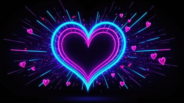 A colorful neon heart outline, illuminated in pink and blue, surrounded by floating heart particles, symbolizing love and passion with a modern, vibrant twist