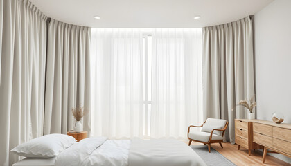 Heavy fabric curtains in modern bedroom, white walls and wooden furniture, miminal interior design isolated with white highlights, png