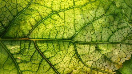 Detailed view of green leaf highlighting its unique textures and veins under sunlight