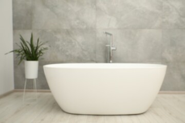 Blurred view of bath tub and houseplant in bathroom
