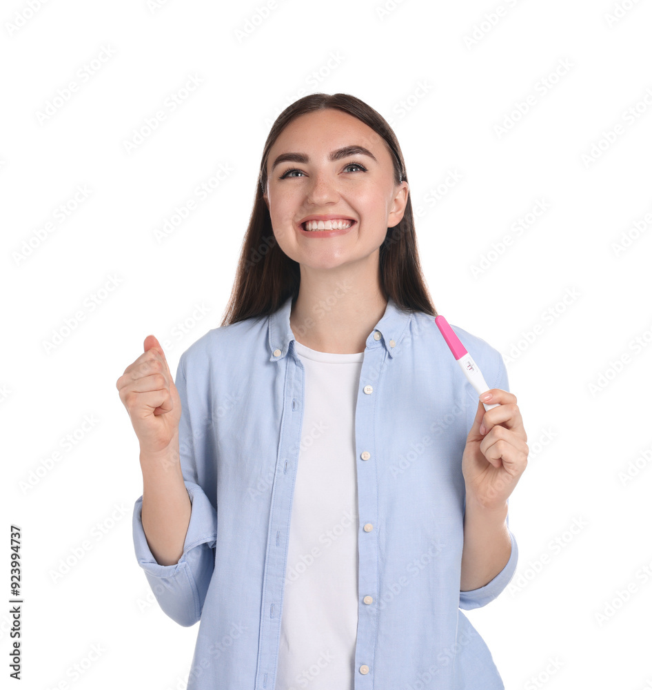 Sticker Happy woman holding pregnancy test on white background