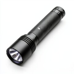 Isolated Black LED Flashlight on a White Background, Captured in Macro for a Striking Visual Representation of Modern Utility.