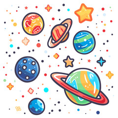 Hand drawn vector illustration of planets and stars in space. Doodle style