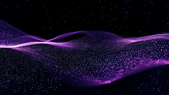 Dark blue and purple particle wave slowly undulating on black background with mystery.