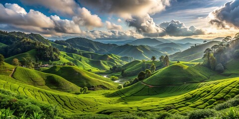 Sunrise Over Verdant Tea Plantations in Malaysia, Landscape Photography, Tea Plantation, Rolling Hills, Green Landscape, Malaysia, Nature