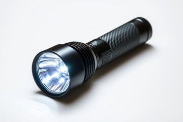 Isolated Black LED Flashlight on a White Background, Captured in Macro for a Striking Visual Representation of Modern Utility.