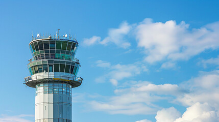 Close-up of the airport control tower against a blue sky, showing the tower's details and windows