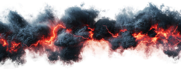 Black clouds with red lightnings isolated on transparent background.