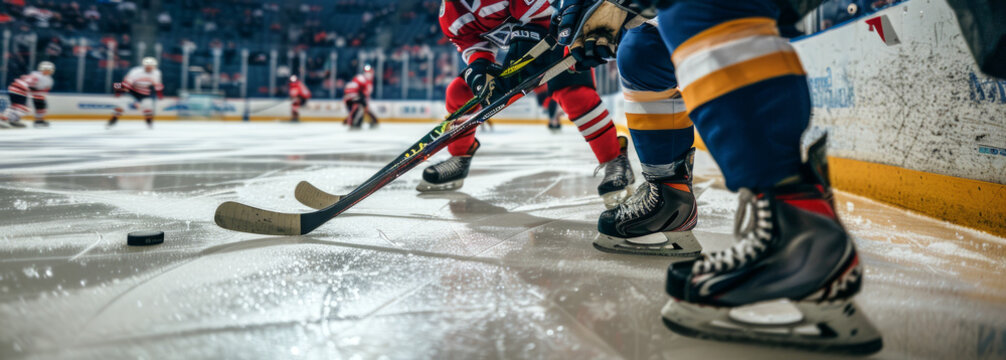 Hockey players facing off in an intense game moment on the ice. Concept of competitive sports, teamwork, athletic performance, ice hockey match