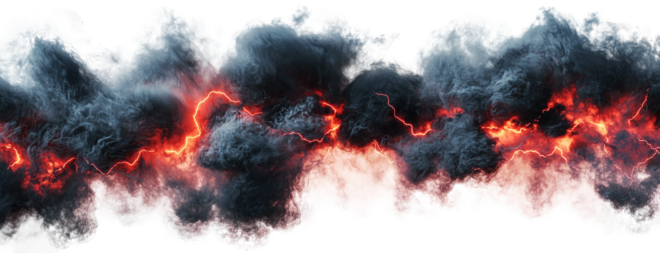 Black clouds with red lightnings isolated on transparent background.