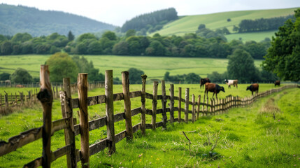 Idyllic countryside landscape with cows grazing on a lush pasture surrounded by rolling green hills and wooden fences. Concept of rural life, agriculture, peaceful nature, and farm animals
