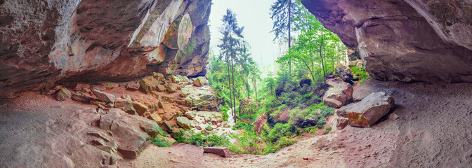 Panoramiv over ancient big grotto named Gautschgrotte, cave near Hohnstein town in the national park Saxon Switzerland, Hohnstein, Saxony, Germany