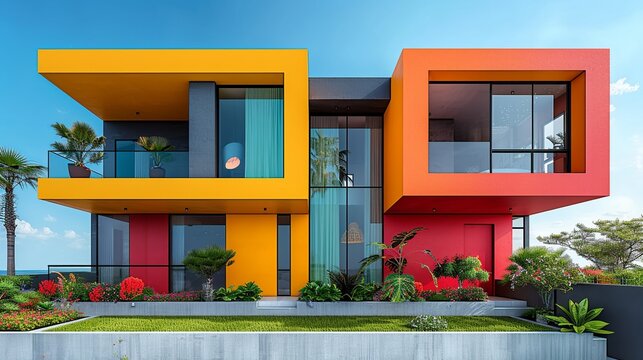 Stylish contemporary architecture showcasing a vibrant, colorful exterior with sleek, clean lines, blending modern design with aesthetic simplicity for a striking look. high resolution Illustration,