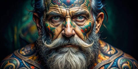 The Painted Man Portrait of a Tattooed Elder, Photorealistic Digital Art, Close-up Face, Tattooed Skin, Portrait, Tattoo, Man