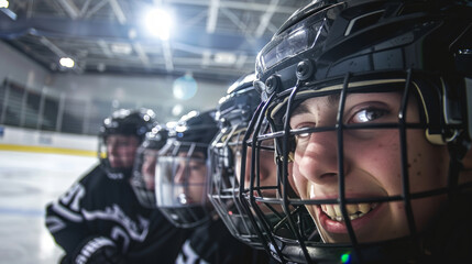 Hockey Team Huddled Together During Game Showing Team Spirit in Ice Arena - Concept of Sportsmanship, Team Unity, Competitive Sports, Athleticism