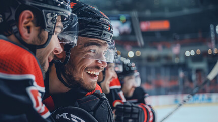 Hockey Team Huddled Together During Game Showing Team Spirit in Ice Arena - Concept of Sportsmanship, Team Unity, Competitive Sports, Athleticism