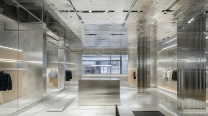 Modern clothing store interior showcasing minimalist design with metallic accents and natural light during the day