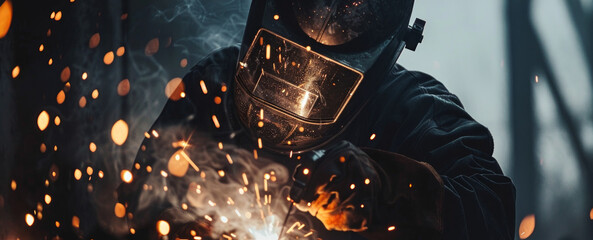 Welder in protective gear working with intense sparks in an industrial setting. Concept of skilled labor, metalwork, safety, and industrial craftsmanship