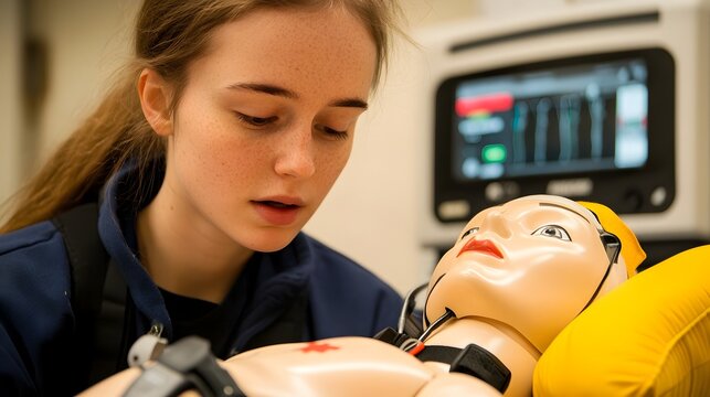 Volunteer Demonstrating Defibrillator Use on Training Manikin for Lifesaving Technique